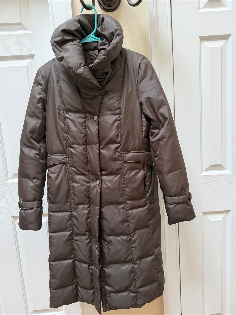 Cole Haan duvet puffer down coat pillow shawl collar dark brown long longline m